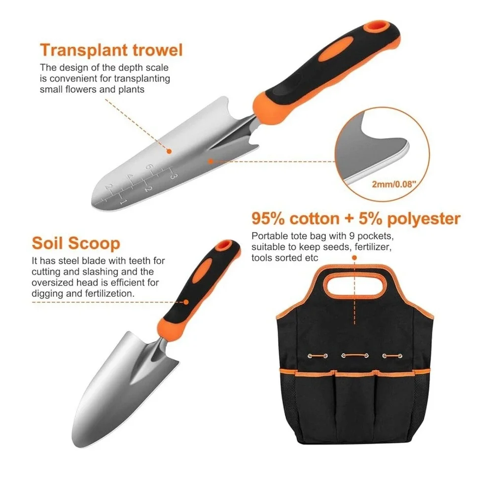 7pc Garden Tool Set Stainless Steel Ergonomic Handles Carrying Tote Orange Black